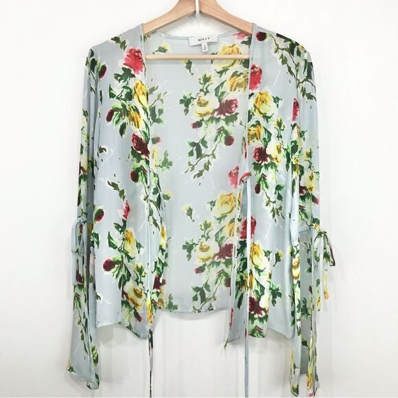 Milly Maggie Rose Print 100% Silk Bell Sleeve Lightweight Blouse - Picture 10 of 16